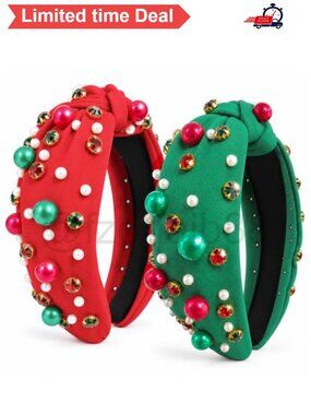 🎄 2 Pc Christmas Knot Headband Set Faux Pearl Rhinestone Beaded Hair